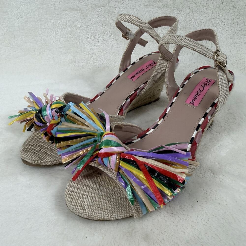 Betsey Johnson Lizzo SS Raffia Wedge Sandals Womens 8M Multicolor Bow Espadrille - Picture 11 of 12